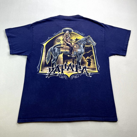 Vintage Emiliano Zapata T-Shirt Mens Medium Navy Blue Mexican Revolution Bandito - Picture 1 of 11